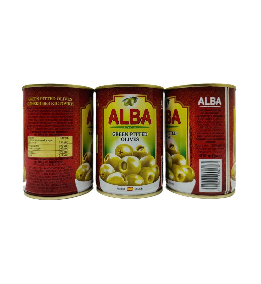Оливки без кісточки ALBA FOOD Green Pitted Olives 300мл 280г 90г