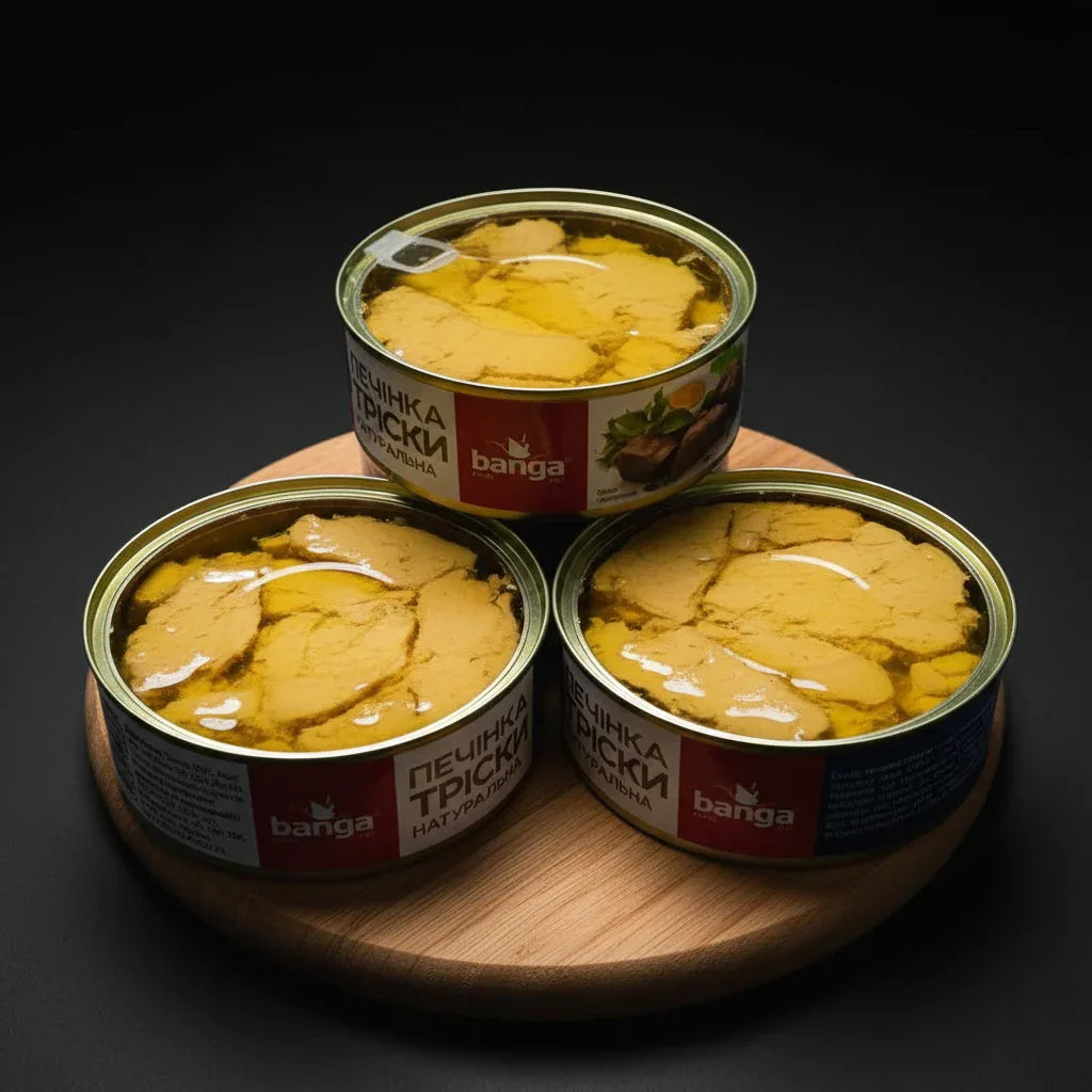 Печінка тріски натуральна BANGA  в залізній банці, фронтальна частина, ілюстрація на дощечці