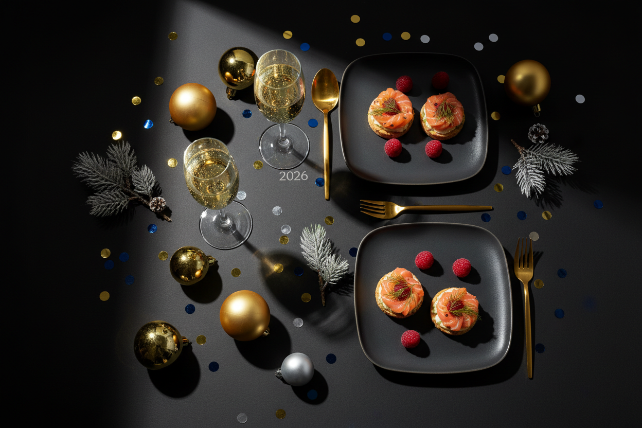 A minimalist still life composition shot from above on a matte black background. Placed under strong directional lighting, it creates deep, natural shadows. High-contrast realistic photography, visible microtextures, soft diffused shadows, clear details, modern food styling aesthetics.

New Year style 2026 больше новогодних игрушек блюд и тд.