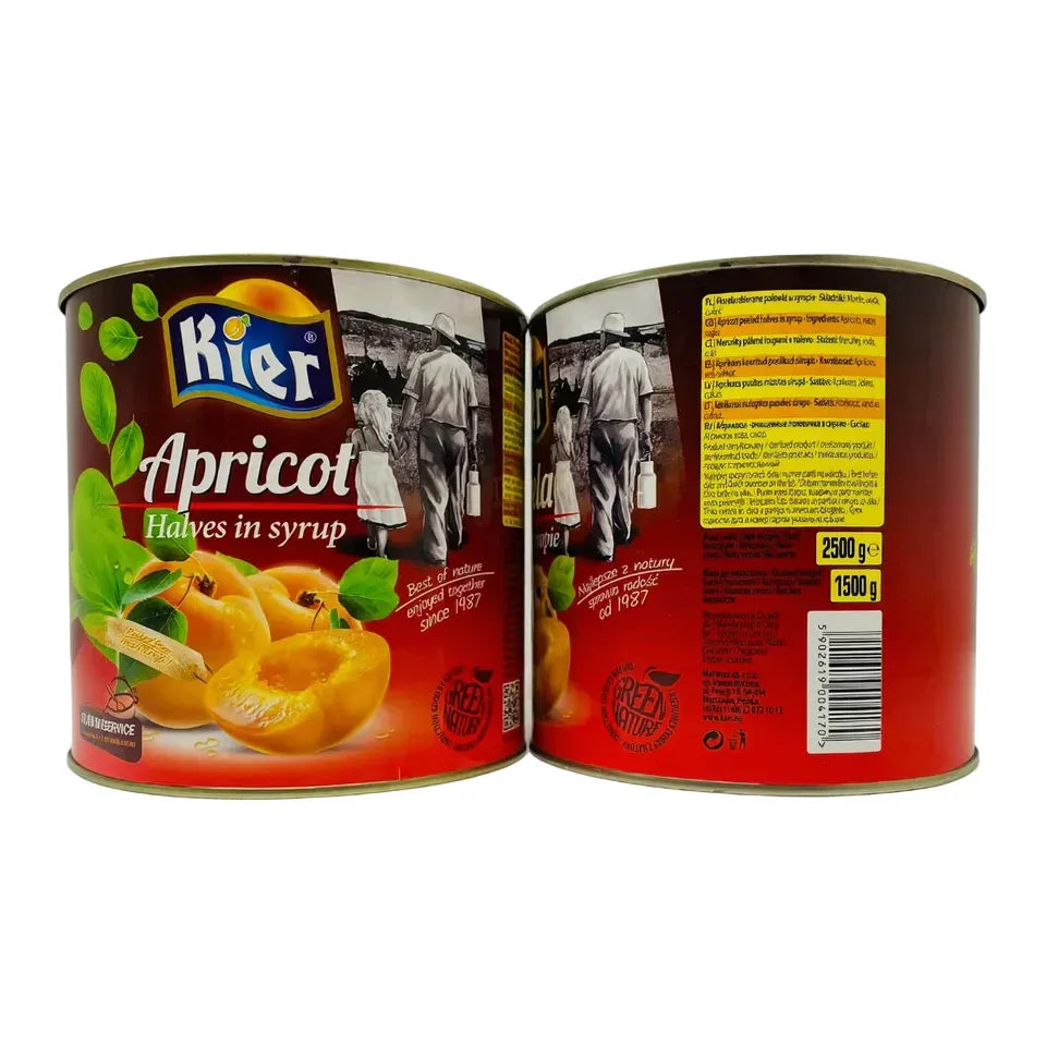 Абрикоси половинками у сиропі KIER у консервних банках, фронтальна та зворотна сторони