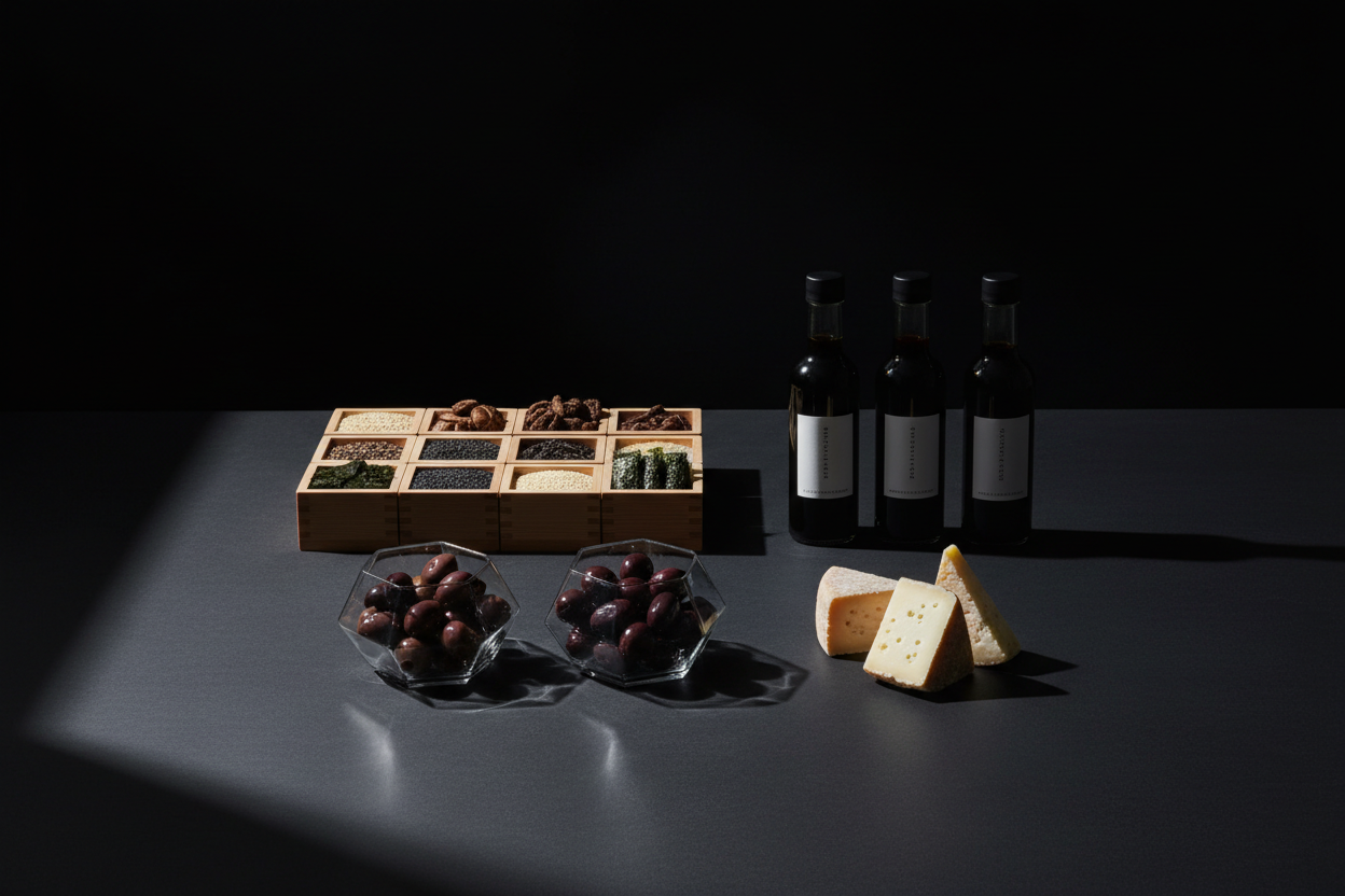 Architectural minimalist still life for a premium international food retailer.
Limited selection of gourmet olives, cheeses, sauces, and Japanese specialty ingredients.
Sharp geometry, angular composition, disciplined negative space.
Dark graphite and black surfaces, precise studio lighting with hard-edged shadows.
Cold, confident, high-end editorial mood.
No softness, no lifestyle, no storytelling.