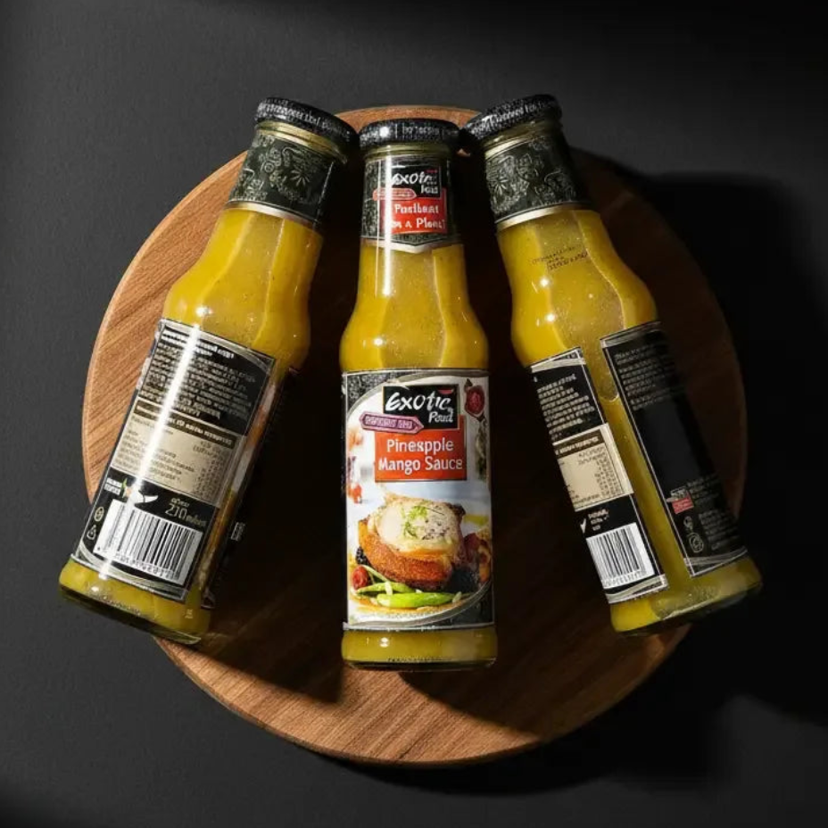Соус ананас-манго EXOTIC FOOD у скляних пляшках, композиція на дерев’яній дошці, вигляд продукту