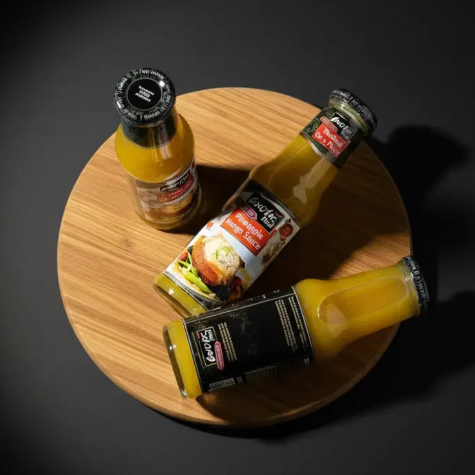Соус ананас-манго EXOTIC FOOD у скляних пляшках, композиція на дерев’яній дошці, вигляд зверху