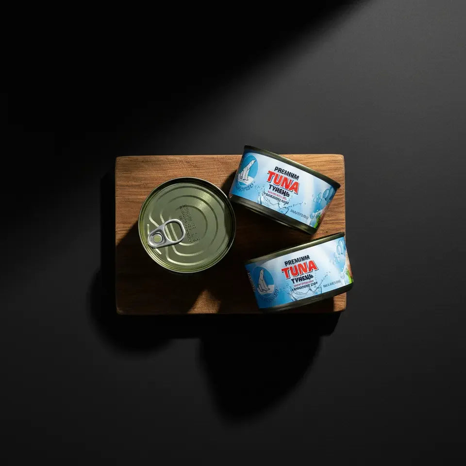 Тунець у власному соку POLAR Seafood у консервних банках, композиція на дерев’яній дошці, вигляд зверху