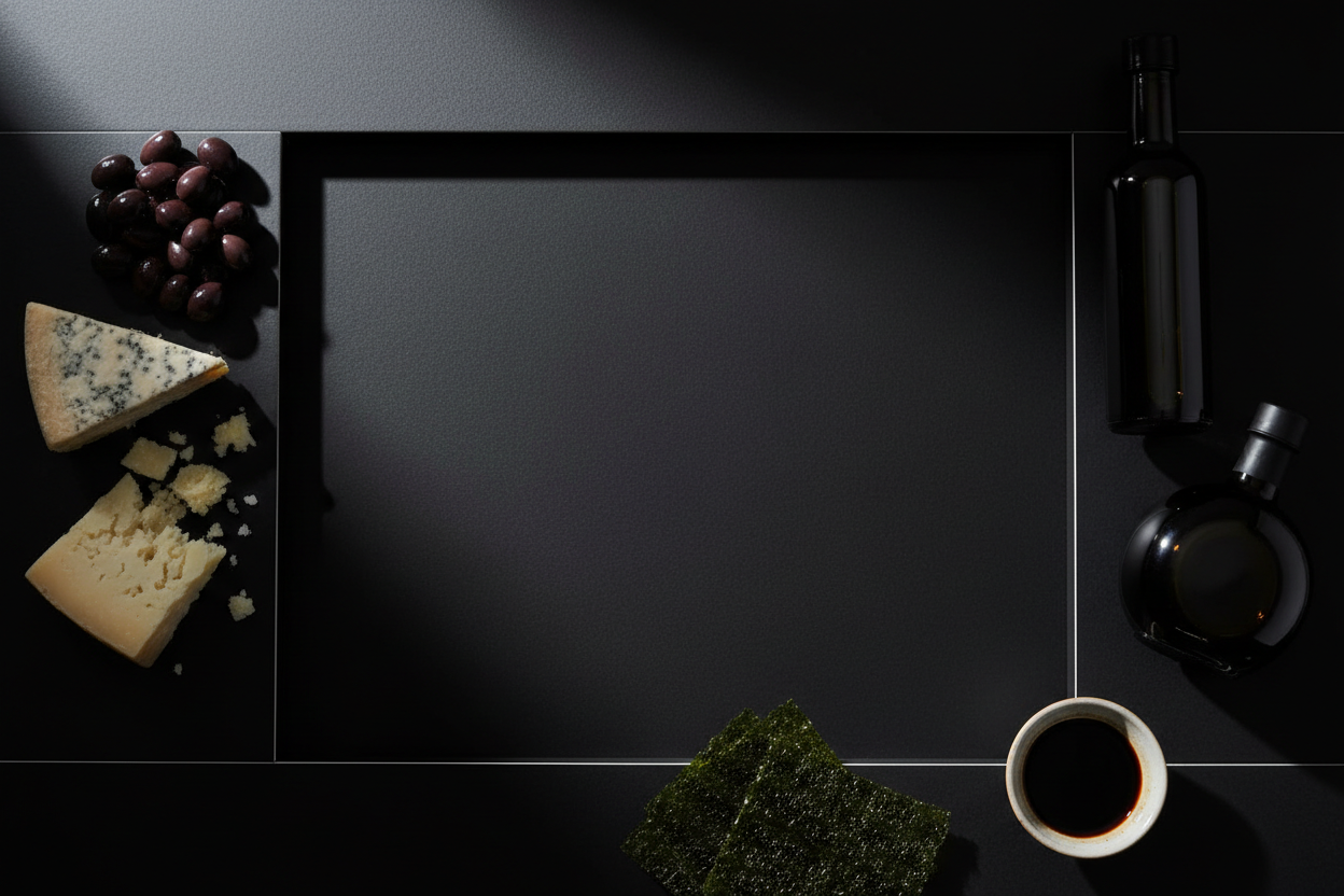 Ultra-dark minimalist premium food hero background.
Olives, aged cheese, gourmet sauces, and Japanese ingredients barely visible at the edges.
Near-black matte background, sharp geometric composition, hard directional lighting.
Very dark center with large negative space for white text.
Cold, professional mood. No people, no cooking, no text.